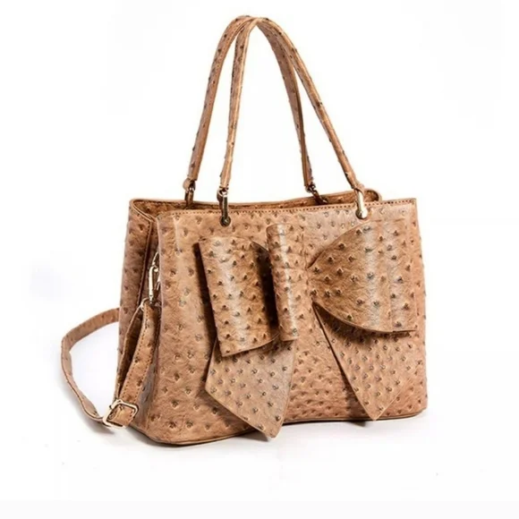 Ostrich Bow Faux Leather 3 Compartment Satchel - Camel - Picture 2 of 13